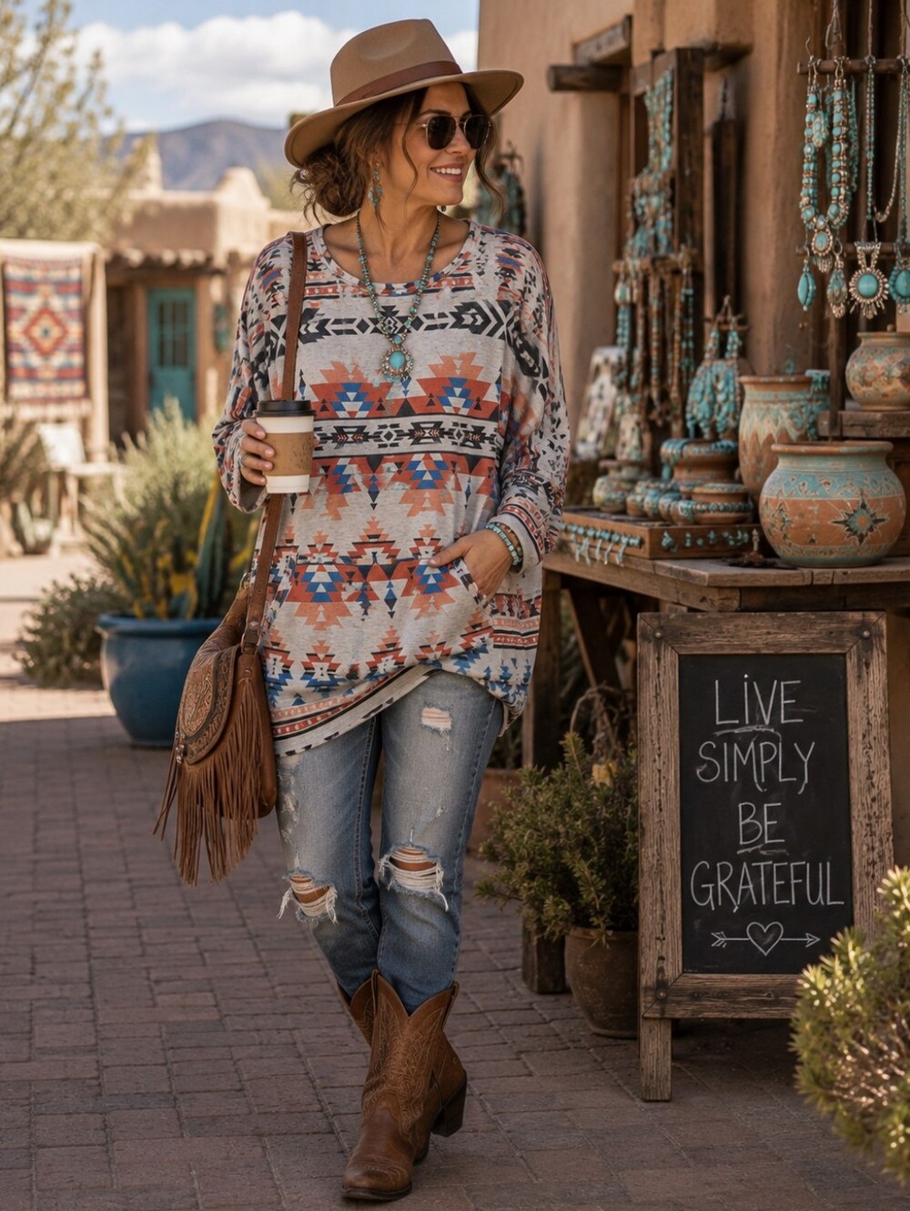 Avery Southwestern Aztec Geometric Oversized Pullover Tunic Top